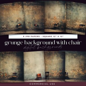 Grunge Studio Backdrop with Chair, Wall Digital Background, Urban Overlay, Old Texture, Abandoned Room Illustration, Rustic Junk Journal JPG