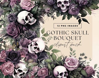 Gothic Wedding Flowers Clipart, Transparent PNGs, Purple Black White Roses, Wedding Bouquet Illustrations, Watercolour Skull Floral Clip Art