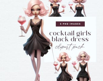 Pack de cliparts fille cocktail lunatique, robe noire mode décalée, poupée en papier PNG, journal indésirable entre filles, illustration de célébration éphémères