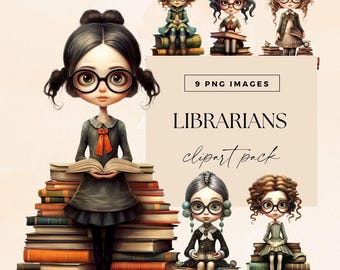 Bibliothek Mädchen Clipart, Bibliothekar Buch Stapel Clip Art, transparente PNG, literarische Junk Journal Grafiken, Illustrationen für Buchliebhaber, Leseclub