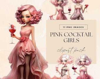 Whimsical Pink Cocktail Girl Clipart Pack, Cute Quirky Fashion Paper Doll PNG, Girls Night Junk Journal, Celebration Ephemera Illustration