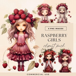 Raspeberry Girl Clipart, Transparent PNG, Cute Fashion Girl, Botanical Character Clip Art, Fairytale Doll Illustration, Fruit Junk Journal