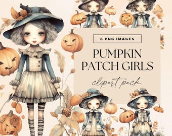 Höstpumpaflicka Clipart-paket, transparenta PNG-bilder, akvarell Halloween-clip art, höstskräpjournal, akvarell söt docka-ephemera