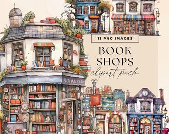 書店のクリップアートバンドル、図書館のクリップアート、楽しい読書グラフィックPNG、気まぐれなストリートジャンクジャーナルのエフェメラ、風変わりな書店のイラスト