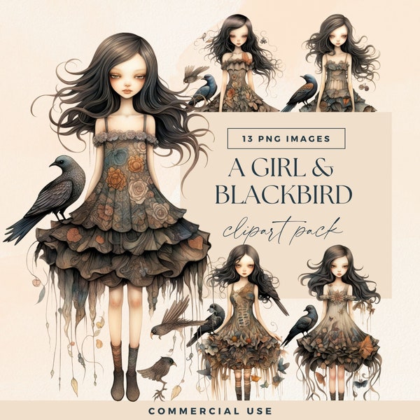 Goth Girl Clipart PNG, Gothic Watercolor Paper Dolls, Junk Journal Blackbird Characters, Raven Fairytale Art Graphics, Dark Fantasy Clip Art