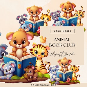 Animals with Books Clipart, Bookworm Clip Art, Transparent PNGs, Jungle Animals Reading Illustrations, Magic Book Club Graphics, Library