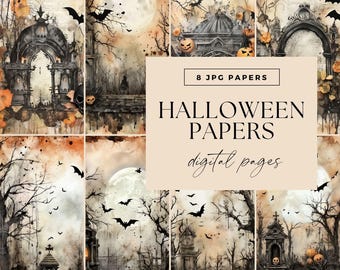 Halloween Digital Papers, INSTANT DOWNLOAD, Vintage Graveyard, Junk Journal Pumpkin Pages, Scrapbooking Haunting Kit Spooky Gothic Printable