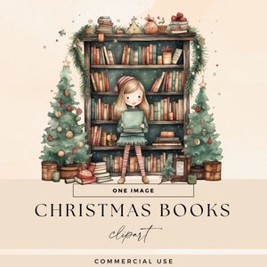 Christmas Bookshelf Clipart, Xmas Reading Books Clip Art, Transparent PNGs, Winter Holiday Tree Illustrations, Junk Journal Library Graphics