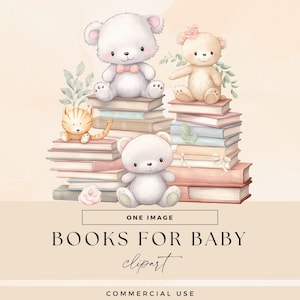 Teddybär-Babyparty-Clipart-Pack, Stapel Bücher Clip Art, Pastell Einladung Grafiken, Lesen Einladen Illustration, Bibliothek Stapel Bücher