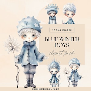 Winter Character Clipart Pack, Transparent PNGs, Watercolour Blue Boys, Junk Journal Whimsical Snow Wonderland, Christmas Doll Illustrations