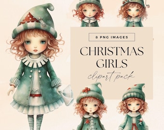 Cute Christmas Girl Clipart, Xmas Snow Clip Art, Transparent PNG, Winter Characters Png, Holiday Graphics, Watercolor Bundle, Santa Hat