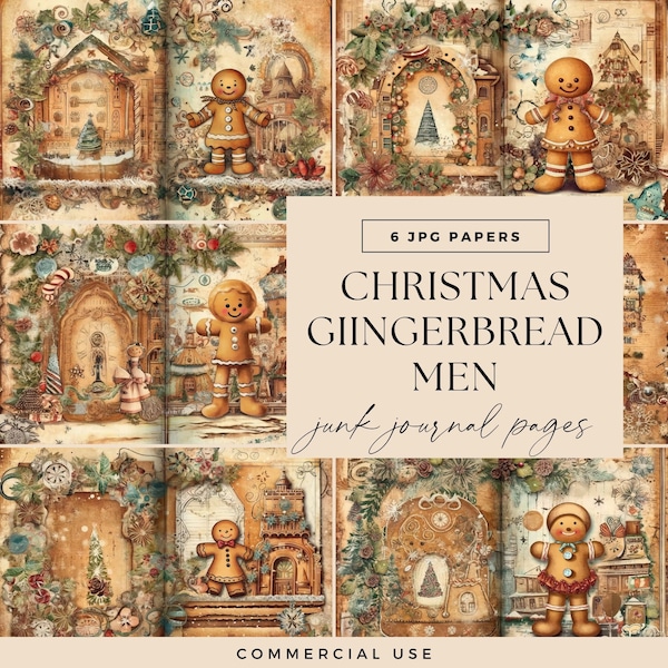 Christmas Gingerbread Man Junk Journal Kit, DIGTIAL DOWNLOAD, Vintage Scrapbooking Pages, Xmas Baking Ephemera, Printable Craft Papers