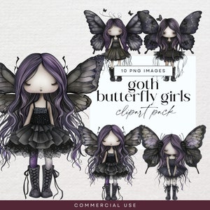 Gothic Girl Clipart, transparentes PNG, Dark Fairytale Schmetterling Papierpuppen, Junk Journal Halloween Charaktere, Dark Angel Fantasy Clip Art