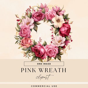 Pink Floral Wreath Clipart, Botanical Clip Art, Transparent PNG, Dark Rose Illustrations, Wedding Invitation, Flower Frame Junk Journal