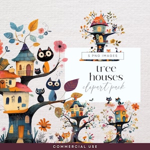 Könnte beinhalten: Eine farbenfrohe digitale Illustration mit Baumhäusern mit Cartoon-Katzen und Blumen. Das Bild enthält den Text "tree houses clipart pack" und "5 PNG images". Das Gesamtthema ist eine Fantasy- oder Kinderillustration.