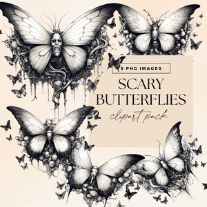 Gruselige Schmetterlinge Clipart Paket, transparentes PNG, Halloween Schmetterling, Schädel Clip Art, Horror Bilder, Schmetterling Junk Journal, Insekten Bundle