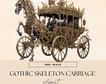 Gothic Skeleton Carriage Clipart, Haunted Horse Clip Art, Transparent PNGs, Horror Steampunk Illustrations, Halloween Junk Journal Ephemera
