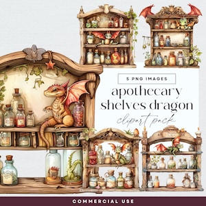 Dragon Apothecary Clipart Pack, Vintage Shelf Clip Art, Transparent PNG, Potion Bottles, Mystical Cabinet, Magical Spell, Witchcraft Graphic
