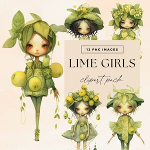 Lime Girls Clip Art Clipart Pack, Transparent PNGs, Junk Journal Whimsy, Watercolor Summer Paper Dolls, Commercial, Whimsical Characters