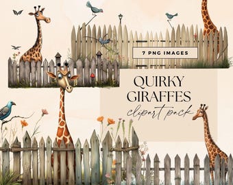 Cute Giraffe Clipart Illustrations, Whimsical Animal Art, Giraffe on Street Fence Clip Art, Safari Junk Journal Ephemera, Fun Quirky PNG