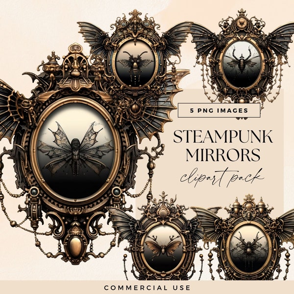 Steampunk Mirrors Clipart Kit, Transparent PNG, Junk Journal Wings Ephemera, Mechanical Clip Art Bundle, Victorian Graphics, Insect Images