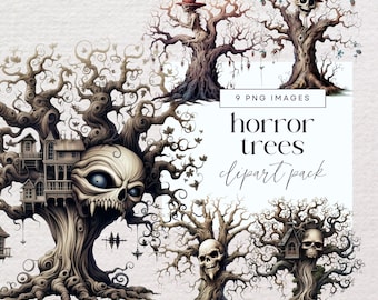 May include: A digital art image featuring a collection of spooky trees with gnarled branches and skull-shaped faces. The trees are adorned with small houses and figures wearing hats. The text "horror trees clipart pack" is displayed.