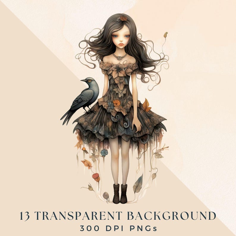 Goth Girl Clipart PNG, Gothic Watercolor Paper Dolls, Junk Journal Blackbird Characters, Raven Fairytale Art Graphics, Dark Fantasy Clip Art image 4