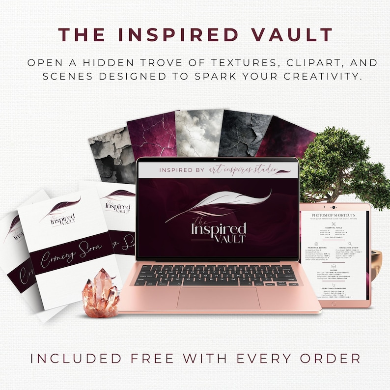 The image is an advertisement for a product called "The Inspired Vault", which includes a laptop, brochures, and a crystal. The product is described as a hidden trove of textures, clipart, and scenes designed to spark creativity. It is also mentioned that the product is included with every order.