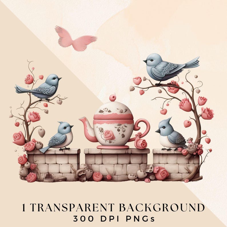 Garden Tea Party Clipart, Spring Birds Clip Art, Transparent PNGs, Whimsical Teacups Invite Illustrations, Watercolor Floral Junk Journal image 2
