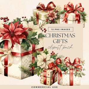 Vintage Christmas Clipart, Watercolour Xmas Gift Boxes Clip Art, Festive Present Graphics, Holiday Tree Decoration Junk Journal, Seasonal