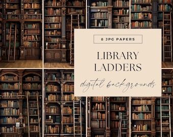 Library Digital Papers, Reading Room Printable, Scrapbooking, Book Lover pages, Reader Junk Journal, Ladder Bookshelves, Digital Background