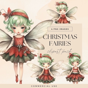 Weihnachtsfee Clipart, Weihnachtsengel Clip Art, transparentes PNG, niedliche Charaktere Png, Feiertagsgrafiken, Aquarell Bundle, digitaler Download