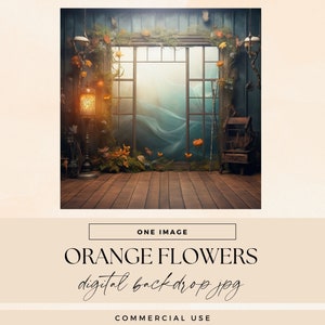 Orange Flowers Room Backdrop Digital, INSTANT DOWNLOAD, Whimsical Quirky Photography, House Studio Background Overlay, Vintage Scene Texture