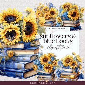 Clipart de pile de livre de tournesol, clipart d'invitation de shower de mariage, clipart lecture botanique, Illustration du chapitre suivant, pile de livre de fleurs