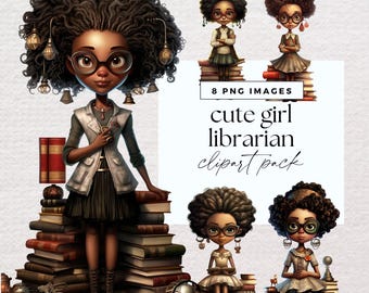 Black Librarian Girl Book Lover Clipart, Book Pile Clip Art, Transparent PNG, Bookish Junk Journal, Reading Graphics, Cute Girl Illustration