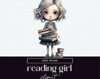 Book Pile Girl Clipart, Library Book Stack, Transparent PNGs, Reading Illustrations, Junk Journal Library Graphics, Vintage Book Stack