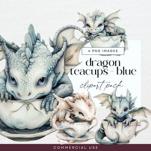Baby Dragon Clipart Bundle, PNG, Pastel Watercolor Tea Cup Creatures, Litte Dragons Junk Journal, Fairytale Ephemera, Magic Invite Clip Art