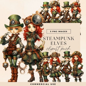 Steampunk Christmas Clipart Bundle, Xmas Elves Clip Art, Transparent PNG, Holiday Elf Junk Journal Ephemera, Festive Scrapbooking Graphics