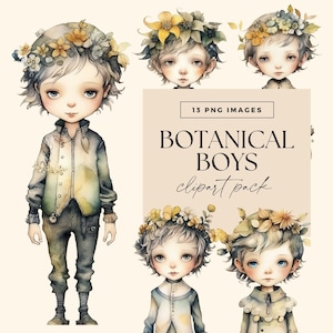 Whimsical Botanical Boys Clip Art Clipart Pack, Clipart per uso commerciale, PNG trasparenti, Bambole di carta acquerello, Junk Journal Whimsy
