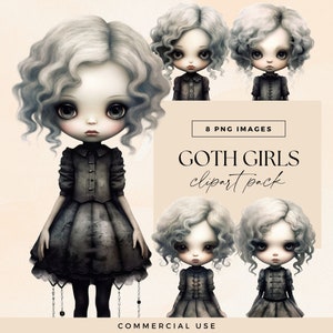 Goth Girl Clipart, Transparent PNG, Gothic Watercolor Paper Dolls, Junk Journal Halloween Characters, Fairytale Art, Dark Fantasy Clip Art