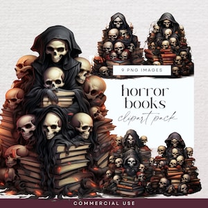 Schedel met boeken clipart, transparante png, horror verhalen illustraties, boek stapel lezing graphics, halloween ephemera, boek stapel ongewenste dagboek