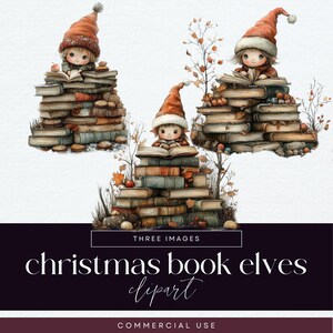 本を積んだクリスマスエルフのクリップアート、気まぐれなPNGクリップアート、読書エルフのイラスト、魔法の本のグラフィック、図書館のストーリータイムエルフ
