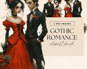 May include: Digital illustration of a couple in gothic clothing, the woman in a red dress and the man in a black suit. The image includes additional illustrations of couples and text that reads "Gothic Romance clipart pack".