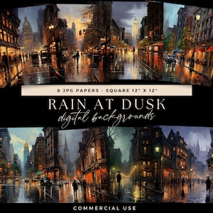 Stadt Digitaler Hintergrund, Regen, Abenddämmerung, Straße, Junk Journal, Fotokünstler Illustratives Regensturm-Overlay, Pfützen Scrapbooking-Seiten