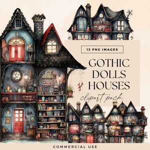 Gothic Puppenhaus Clipart Pack, Halloween Puppenhaus, viktorianisches Herrenhaus Clip Art, Vintage Haunted Home Illustrationen, transparente PNGs
