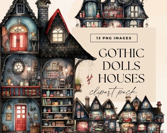 Gothic Doll House Clipart Pack, Halloween Dollshouse, Victorian Wooden Manor Clip Art, Vintage Haunted Home Illustrations, Transparent PNGs