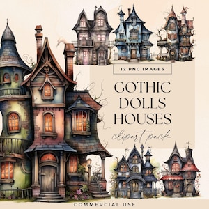 Gothic Doll House Clipart Pack, Halloween Dollshouse, Victoriaans houten landhuis illustraties, vintage Haunted Home illustraties, transparante png-bestanden