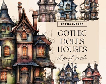 Paquete de imágenes prediseñadas de casas de muñecas góticas, casa de muñecas de Halloween, imágenes prediseñadas de mansión victoriana de madera, ilustraciones de casas embrujadas vintage, PNG transparentes