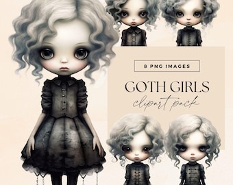Goth Girl Clipart, Transparent PNG, Gothic Watercolor Paper Dolls, Junk Journal Halloween Characters, Fairytale Art, Dark Fantasy Clip Art