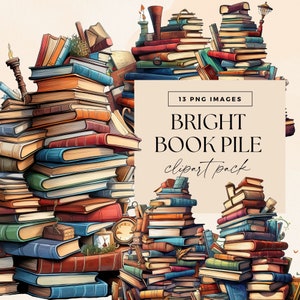Pacchetto di clipart di pile di libri luminosi, PNG trasparente, ClipArt di biblioteca, lettura di diario spazzatura, topo di biblioteca, regalo per gli amanti dei libri, grafica di pila di libri